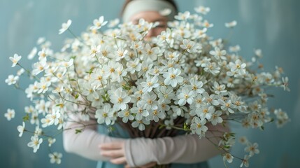   A woman, blindfolded, holds a bouquet of white flowers against a blue backdrop