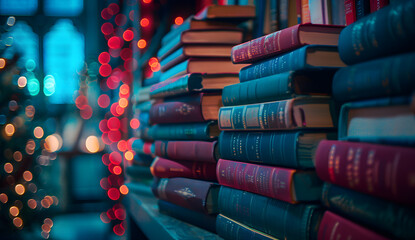 A shelf filled with stacked books in a library, illuminated by soft bokeh lights, creating a cozy atmosphere for reading and studying. - obrazy, fototapety, plakaty