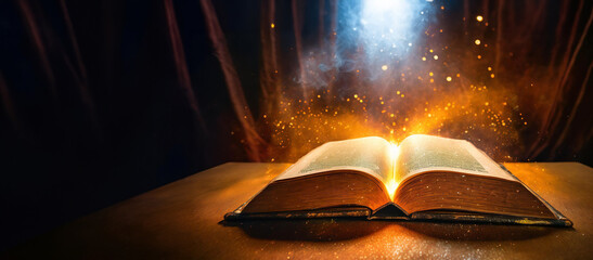 An open magic book with growing lights, magic powder and beautiful sparkles. A magical book with...
