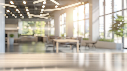 Moderner Co-Working-Space, verschwommener Hintergrund, moderner Holztisch im Vordergrund