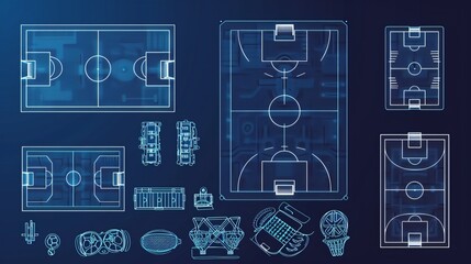 Fototapeta na wymiar A set of sports team game playing fields scheme sketches top view, icons for football, volleyball, basketball, tennis, ice hockey, rugby, and handball