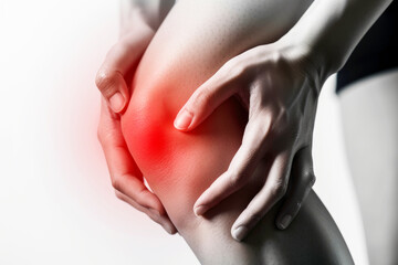 A person with a knee injury is holding their knee and rubbing it. The knee is red and swollen, indicating that the person is in pain. The person holding onto the painful knee with both hands.