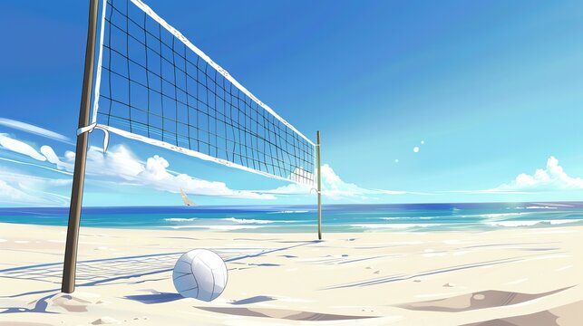 A realistic illustration of a volleyball net with a white ball depicts beach volleyball sport in a detailed and lifelike manner