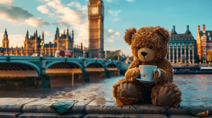 Teddy Bear Enjoying a Cup of Coffee with Iconic London Backdrop