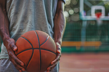 Basketball player holds basketball ball on a court. Generative AI