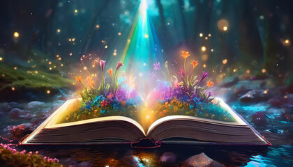 Naklejka premium An open magic book with growing lights, magic powder and beautiful sparkles. Fairytale plants grow from the pages of a magic book. against the backdrop of a magical forest. Generative AI.