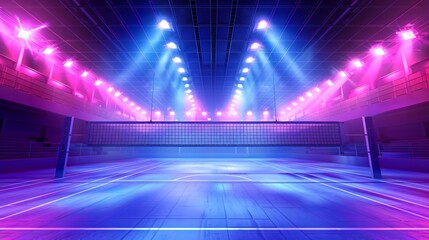 An illustration of a volleyball court arena field with bright stadium lights designed to enhance the visibility and ambiance of night matches