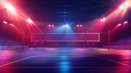 An illustration of a volleyball court arena field with bright stadium lights designed to enhance the visibility and ambiance of night matches