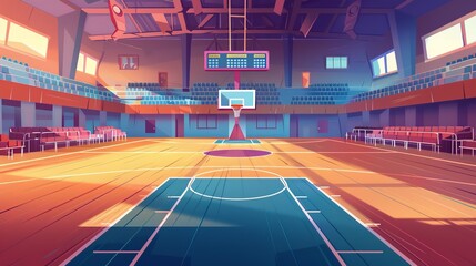 An empty basketball court cartoon illustration depicts an interior design of a sports hall equipped for team games with rings, electronic scoreboard, volleyball net - obrazy, fototapety, plakaty