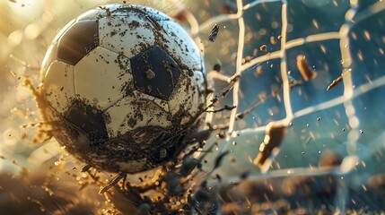 The concept of a Soccer Ball Triumph breaking the goal net illustrates a close-up victory concept in a sports setting - obrazy, fototapety, plakaty