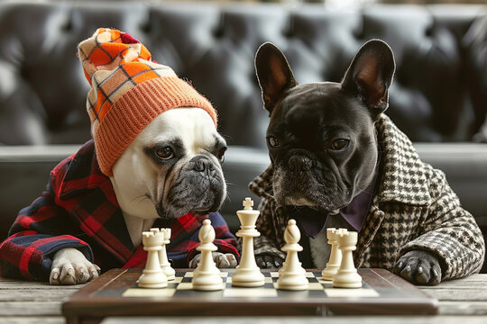 Two dogs dressed in sunglasses and hats playing chess. One dog is wearing a red jacket. Scene is playful and lighthearted. French bulldogs dressed like fashion moguls playing chess