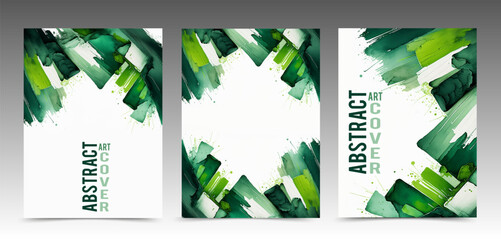 Green watercolor cover set. Brushstroke texture pattern. Artistic modern design color on white background.