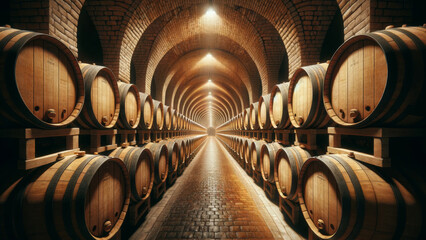 Old Wine Cellar with Rows of Oak Wooden Barrels