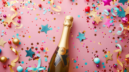 Champagne bottle with festive confetti and decorations on a pink background. Flat lay composition with copy space. Celebration and party concept for design and print, suitable for invitation