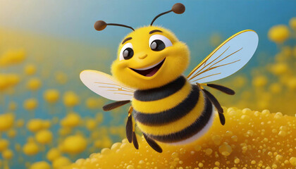 3D bee cartoon character on yellow background, illustration. - 784019306