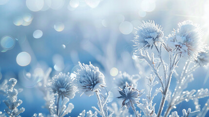 Winter scenery with frosty ice flowers
