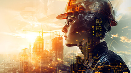 Building construction worker with modern civil equipment technology, double exposure style