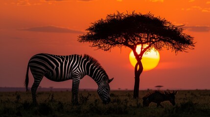 Fototapeta premium A zebra grazes near a tree as the sun sets, background includes a giraffe in the foreground