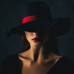 Beauty woman with hat with red ribbon on dark background