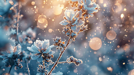 Winter scenery with frosty ice flowers