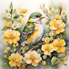 Watercolor illustration of a bird on a branch with yellow and white flowers. Print with birds and flowers for embroidery, printing, packaging.