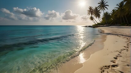 a beach with palm trees and the sun shining on the water.