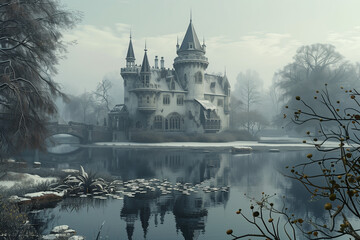 Winter Wonderland: Frozen Lake Surrounding Ancient Castle