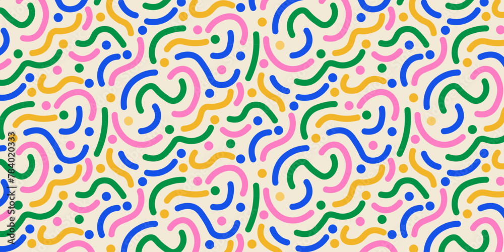 Aufkleber Simple childish colorful line doodle seamless pattern. Editable stroke scribble line. Vector Illustration.