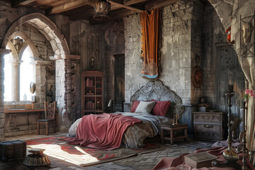 Medieval Castle Bedroom: Antique Furnishings in Historic Setting