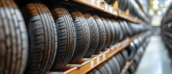 Fotobehang Array of New Tires Awaiting Installation at Auto Shop. Concept Automotive Industry, Tire Installation, New Inventory, Retail Environment, Maintenance Services © Ян Заболотний