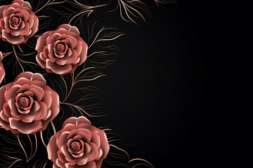 Elegant Black Floral Design, 3D Roses with Gold Line Art on Dark Background