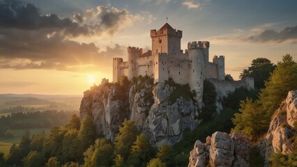 Ruins Of The Castle Against The Background Of The Setting Sun