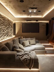 Cozy and Sophisticated Home Theater with Textured Walls and Comfortable Seating for a Cinematic Experience