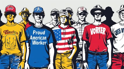 people wearing clothing with patriotic colors or shirts with slogans that honor labor, 