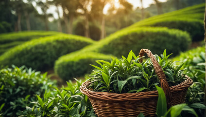 fresh tea leaves in a basket on the background of a  plantation