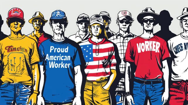 people wearing clothing with patriotic colors or shirts with slogans that honor labor, "Proud American Worker"
