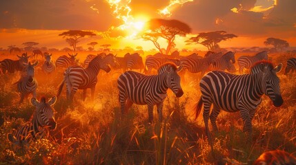 Naklejka premium A herd of zebras grazes on a grassy field, bordering a forest teeming with trees as the sun sets