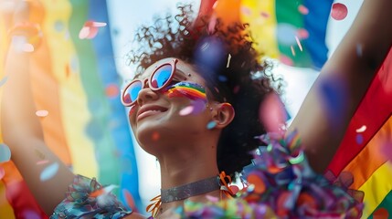 Joyful LGBTQ Individual Confidently Embracing Their Identity and Celebrating Pride with Vibrant Colors and Confetti