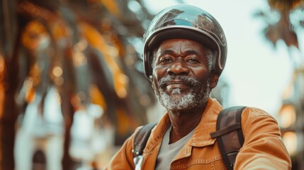 Happy african american senior mature man wearing helmet sitting on motor bike or scooter on urban...
