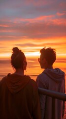 Silhouetted Lovers Admiring Stunning Sunset Over Serene Landscape