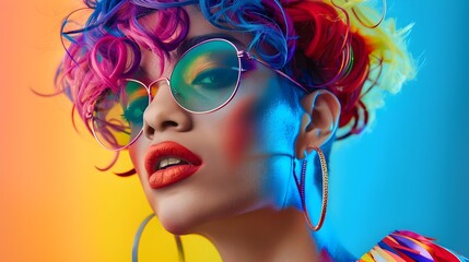 Obraz premium Vibrant and Expressive Fashion Portrait of a Confident LGBTQ Individual Showcasing a Unique Hairstyle and Dramatic Makeup