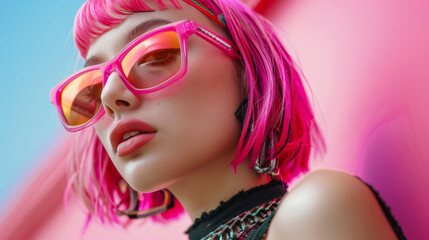 A woman with pink hair and pink glasses is standing in front of a pink background. She is wearing a pink tank top and has a red necklace. woman with fuschia hair, fashion style, wearing sunglasses