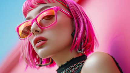 Naklejka premium A woman with pink hair and pink glasses is standing in front of a pink background. She is wearing a pink tank top and has a red necklace. woman with fuschia hair, fashion style, wearing sunglasses