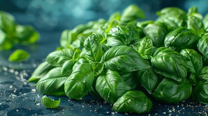   A mound of green basil sits atop a blue counter, companioned by piles of salt and pepper