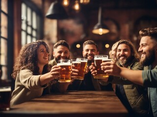 Photo group of people enjoying and toasting a beer in brewery pub  friendship concept