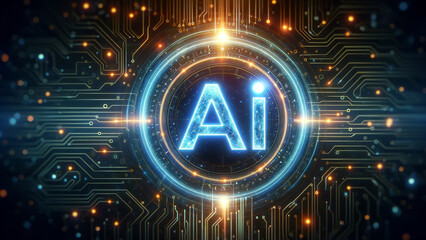 Fototapeta premium Radiant AI Letters Amidst Abstract Technology Background