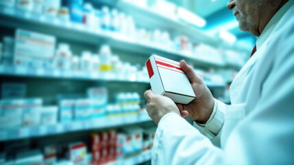 Pharmacist checking date expiry medication box in a pharmacy