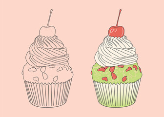 Pistachio cupcake with colored frosting, sweet cream and cherry on top. vector isolated dessert illustration