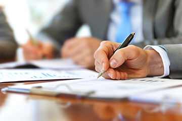 Businesspeople sitting at table during meeting actively signing documents