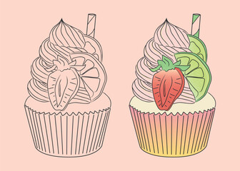 Vanilla cupcake with sweet cream, lime slice and strawberry on top. vector isolated dessert illustration